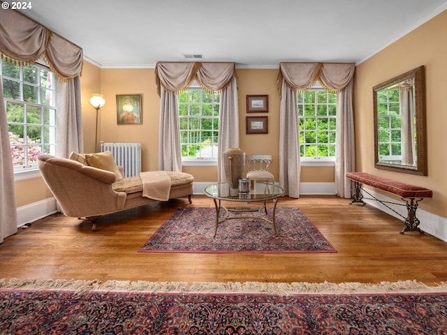 sitting room featuring a wealth of natural light, radiator heating unit, and crown molding