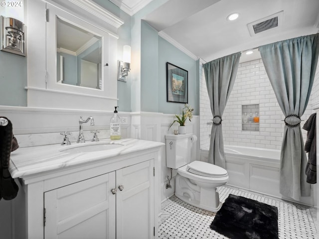 full bathroom with toilet, shower / bathtub combination with curtain, ornamental molding, and vanity