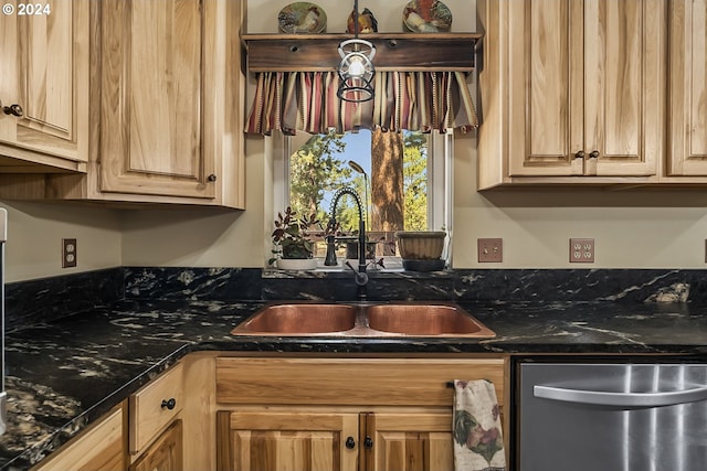 kitchen with sink, dishwasher, and dark stone countertops