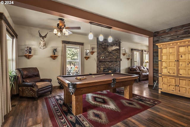 recreation room with ceiling fan, dark wood-type flooring, billiards, and a fireplace