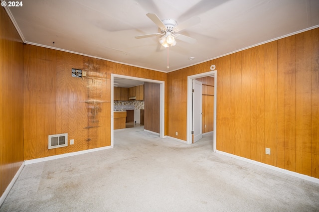 spare room with ornamental molding and wood walls