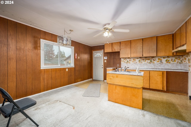 kitchen featuring decorative backsplash, sink, light carpet, and wood walls