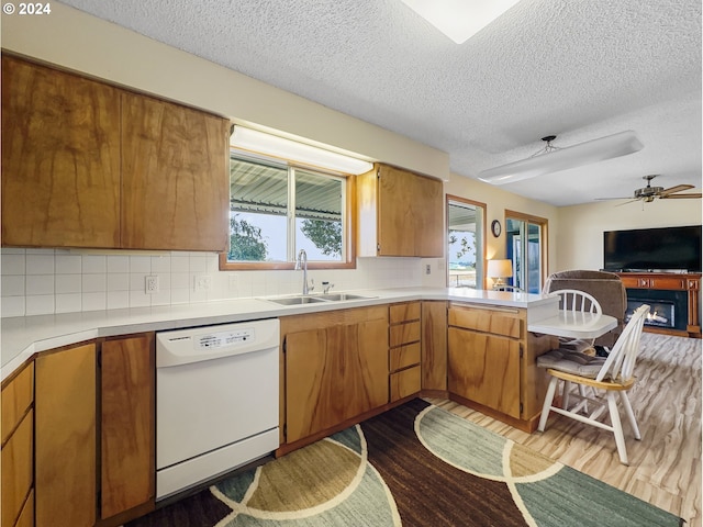 kitchen featuring tasteful backsplash, light wood-type flooring, white dishwasher, sink, and ceiling fan