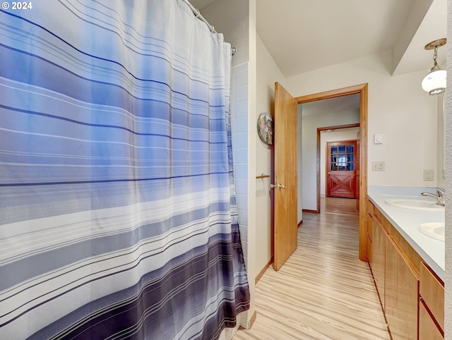 bathroom featuring hardwood / wood-style floors and vanity