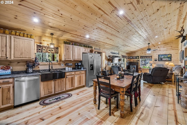 kitchen with sink, wooden ceiling, stainless steel appliances, lofted ceiling, and decorative light fixtures