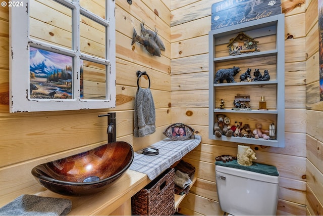 bathroom with wood walls, toilet, and sink