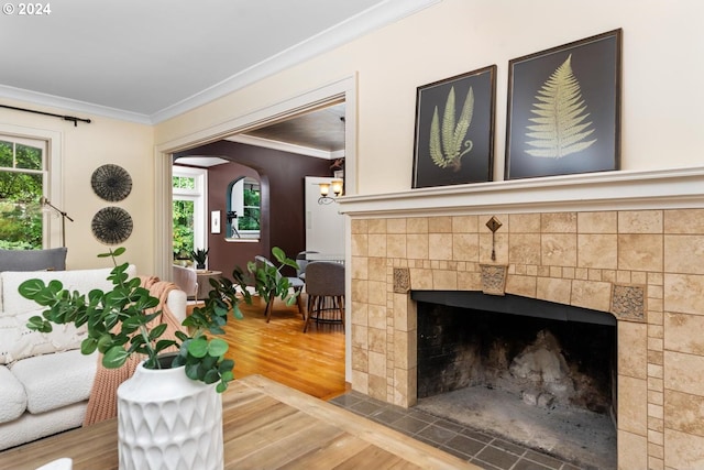 living room featuring wood-type flooring, a healthy amount of sunlight, and a tiled fireplace