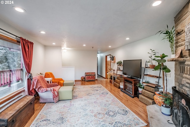 living room featuring a large fireplace and light hardwood / wood-style floors