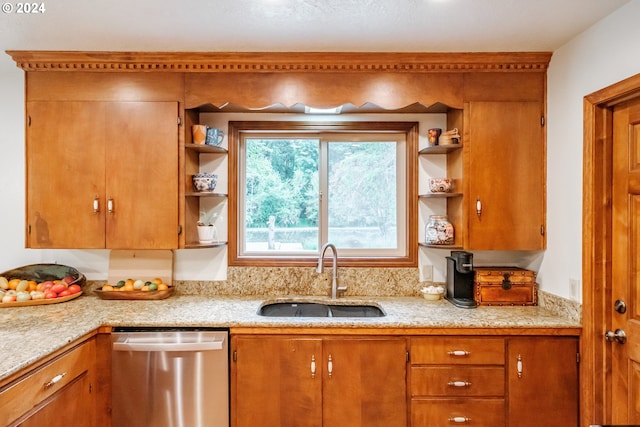 42681 Island Inn Dr, Lebanon, OR 97355 - kitchen with dishwasher, a sink, open shelves, brown cabinetry, and light stone counters