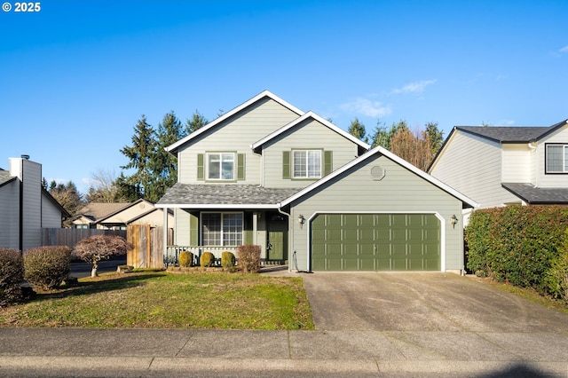 view of property with a porch, a garage, and a front yard