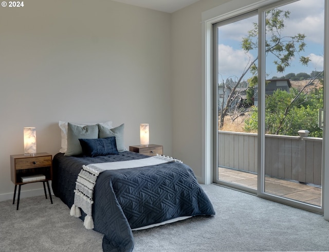 carpeted bedroom with baseboards and access to exterior