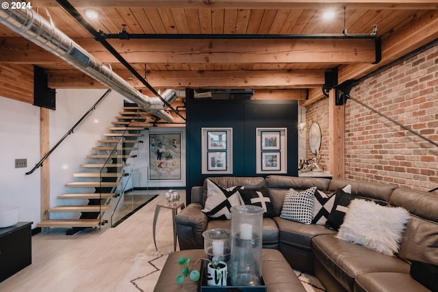 unfurnished living room featuring brick wall, light hardwood / wood-style floors, and wooden ceiling