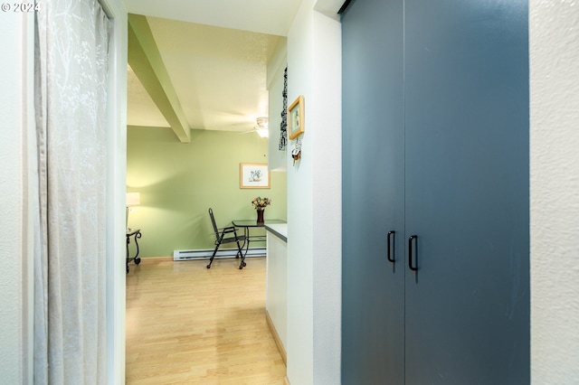 hallway featuring light hardwood / wood-style floors, a baseboard heating unit, and beamed ceiling