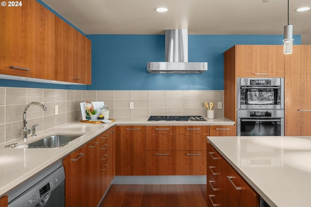 kitchen featuring tasteful backsplash, wall chimney range hood, stainless steel appliances, sink, and dark hardwood / wood-style floors