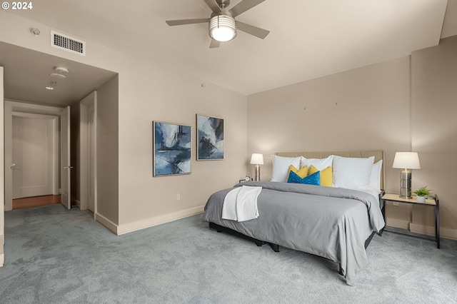 bedroom featuring carpet flooring and ceiling fan