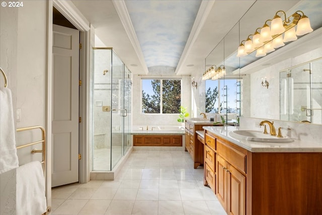 bathroom featuring vanity, plus walk in shower, tile patterned floors, and crown molding