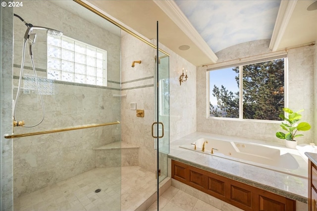 bathroom featuring vanity and plus walk in shower