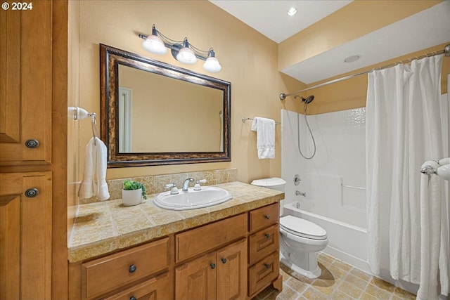 full bathroom with shower / bath combo, vanity, and toilet