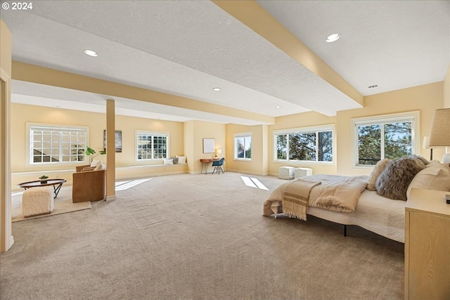 carpeted bedroom with a textured ceiling