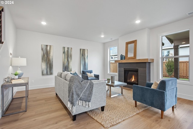 living room with light hardwood / wood-style flooring and a fireplace