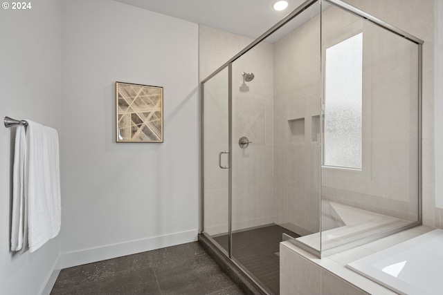 bathroom with plus walk in shower and tile patterned floors