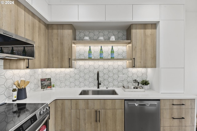 kitchen featuring backsplash, exhaust hood, sink, white cabinetry, and stainless steel appliances