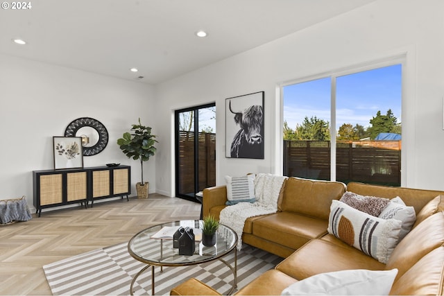 living room featuring light parquet flooring