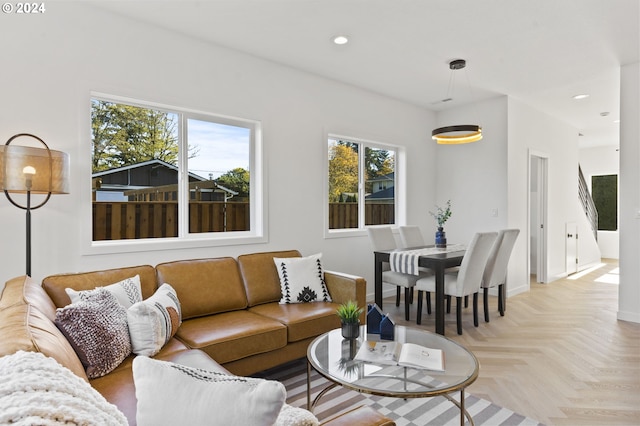 living room featuring light parquet floors