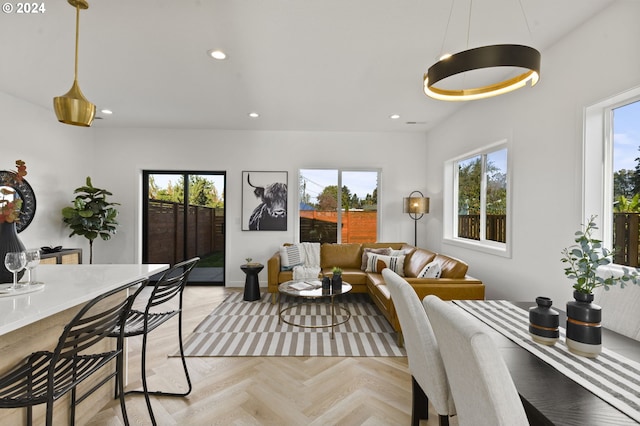 living room featuring light parquet flooring