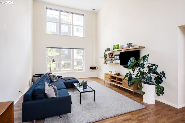 living room with wood finished floors, baseboards, a towering ceiling, and a healthy amount of sunlight