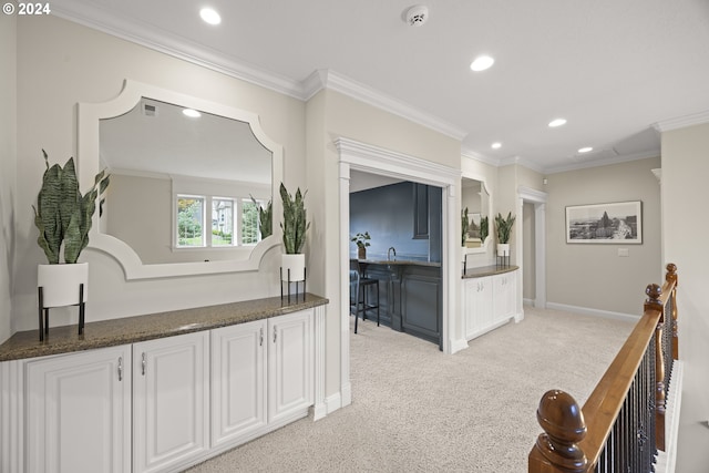 interior space featuring light carpet and ornamental molding