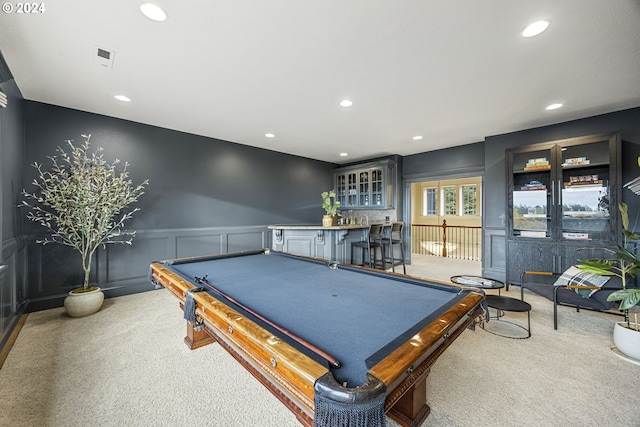 recreation room featuring billiards, indoor bar, and carpet floors