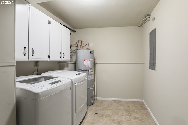 clothes washing area featuring secured water heater, cabinets, electric panel, and washing machine and clothes dryer