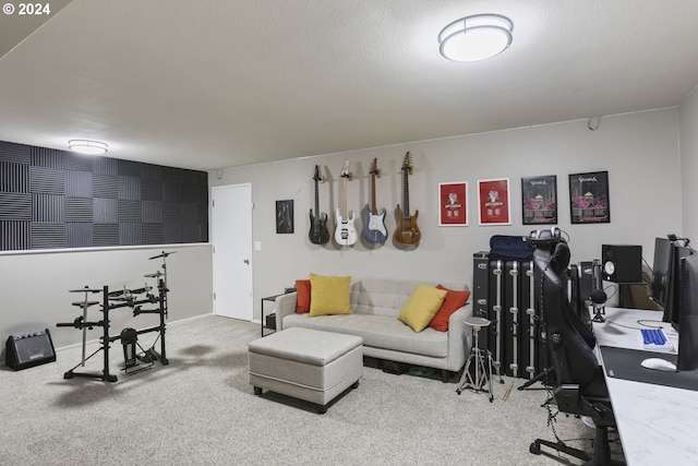 office featuring carpet and a textured ceiling