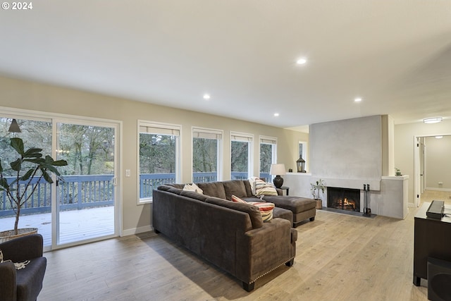 living room featuring a large fireplace and light wood-type flooring