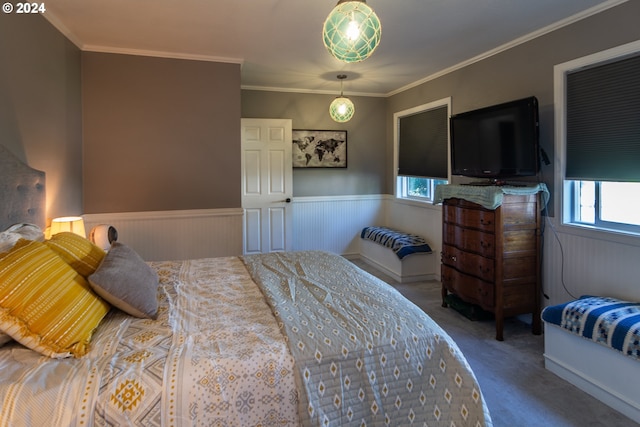 carpeted bedroom with crown molding