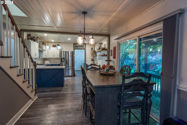 dining area with wood ceiling and dark wood-type flooring