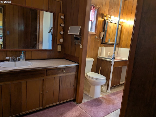 bathroom with vanity, toilet, and wood walls