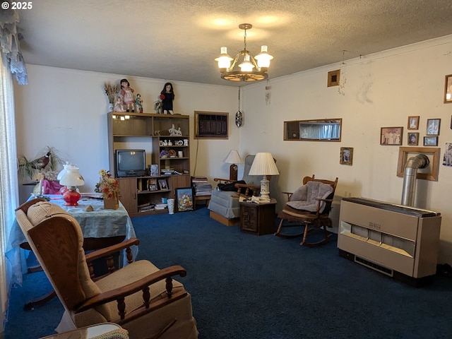 living room with heating unit, carpet floors, a notable chandelier, crown molding, and a textured ceiling