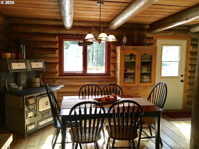 60020 Wilderness Rd, Joseph, OR 97846 - dining space featuring wooden ceiling with exposed beams, plenty of natural light, light wood-style flooring, a chandelier, and log walls