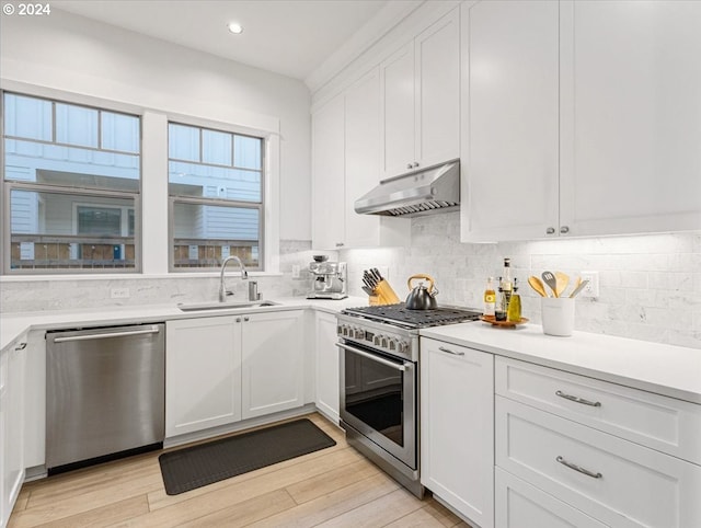 kitchen with under cabinet range hood, appliances with stainless steel finishes, decorative backsplash, and a sink