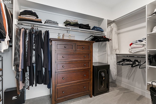 walk in closet featuring light carpet
