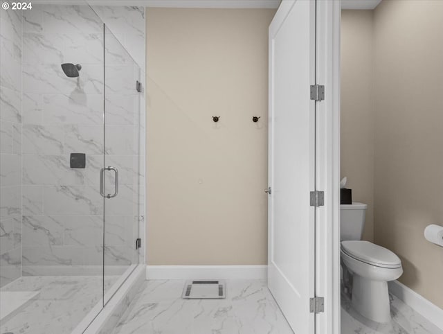 bathroom featuring a stall shower, visible vents, baseboards, toilet, and marble finish floor