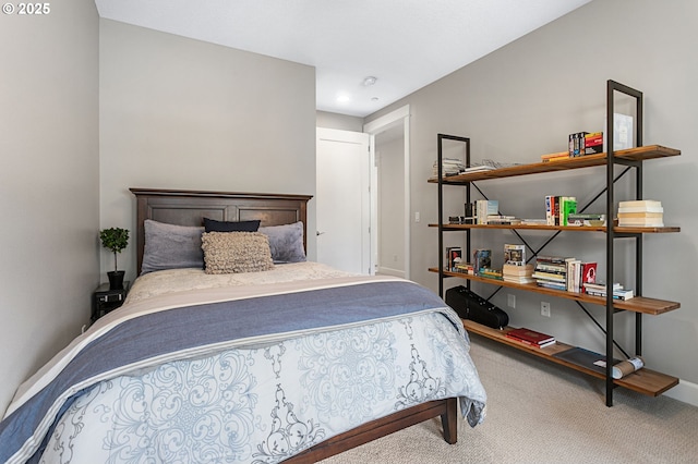 carpeted bedroom with recessed lighting and baseboards
