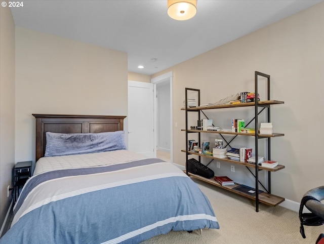 bedroom with carpet, baseboards, and recessed lighting