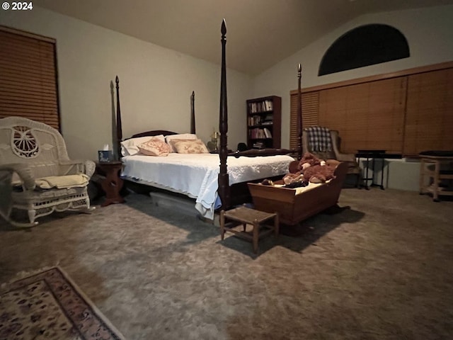 bedroom with lofted ceiling and carpet