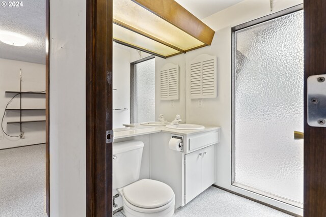 bathroom with vanity, a textured ceiling, toilet, and walk in shower