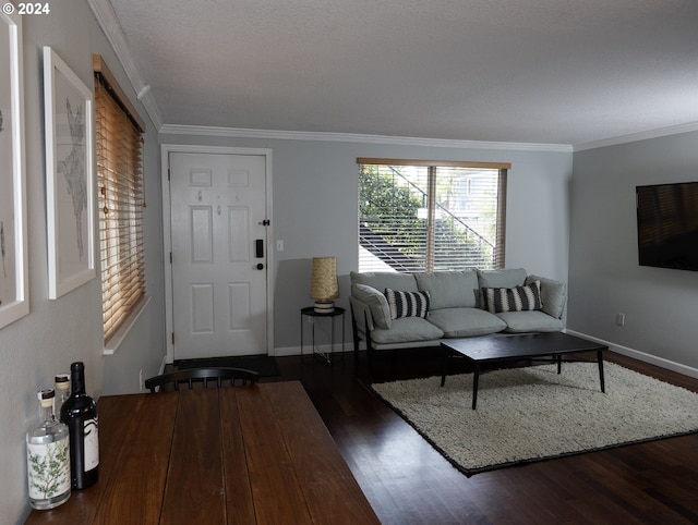 living room with crown molding and dark wood-type flooring