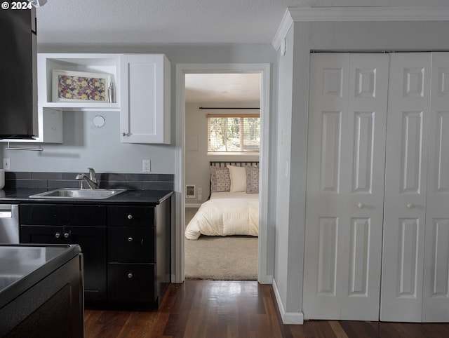 kitchen with white cabinets, dark hardwood / wood-style floors, sink, and a textured ceiling