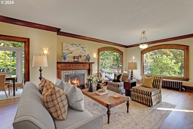 living room featuring a fireplace, a textured ceiling, radiator, light hardwood / wood-style floors, and ornamental molding